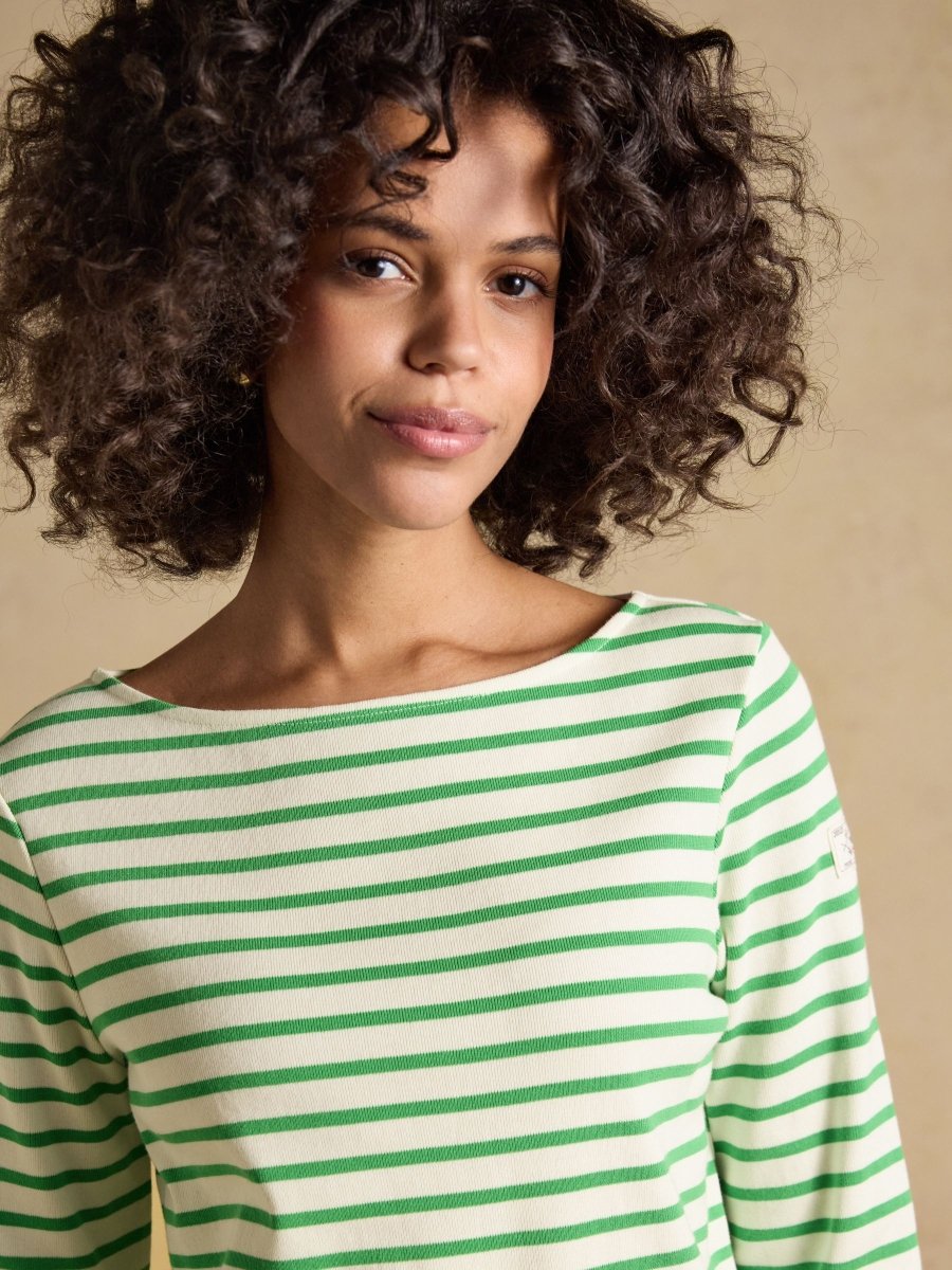 Harbour Cream & Green Striped Boat Neck Long Sleeve Breton Top - RUTHERFORD & Co