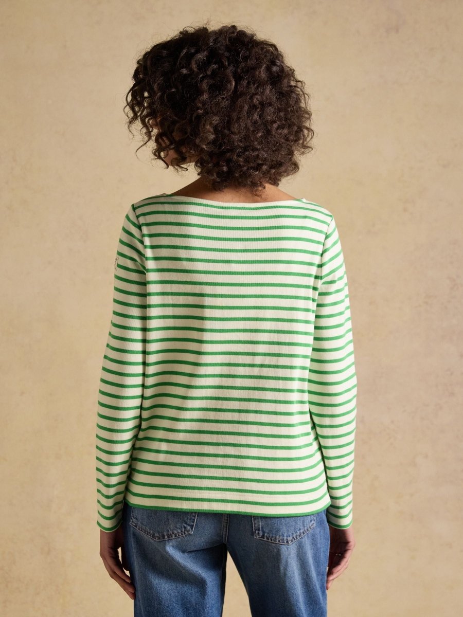 Harbour Cream & Green Striped Boat Neck Long Sleeve Breton Top - RUTHERFORD & Co