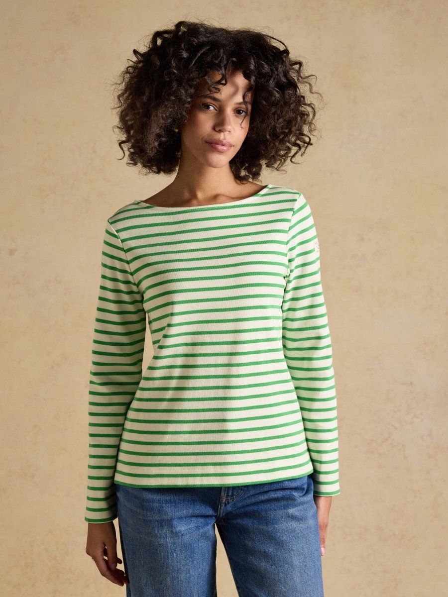 Harbour Cream & Green Striped Boat Neck Long Sleeve Breton Top - RUTHERFORD & Co
