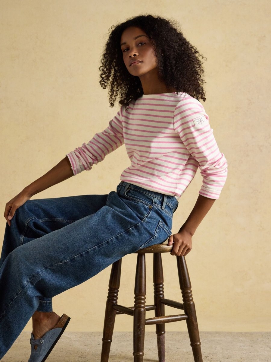 Harbour Cream & Pink Striped Boat Neck Long Sleeve Breton Top - RUTHERFORD & Co