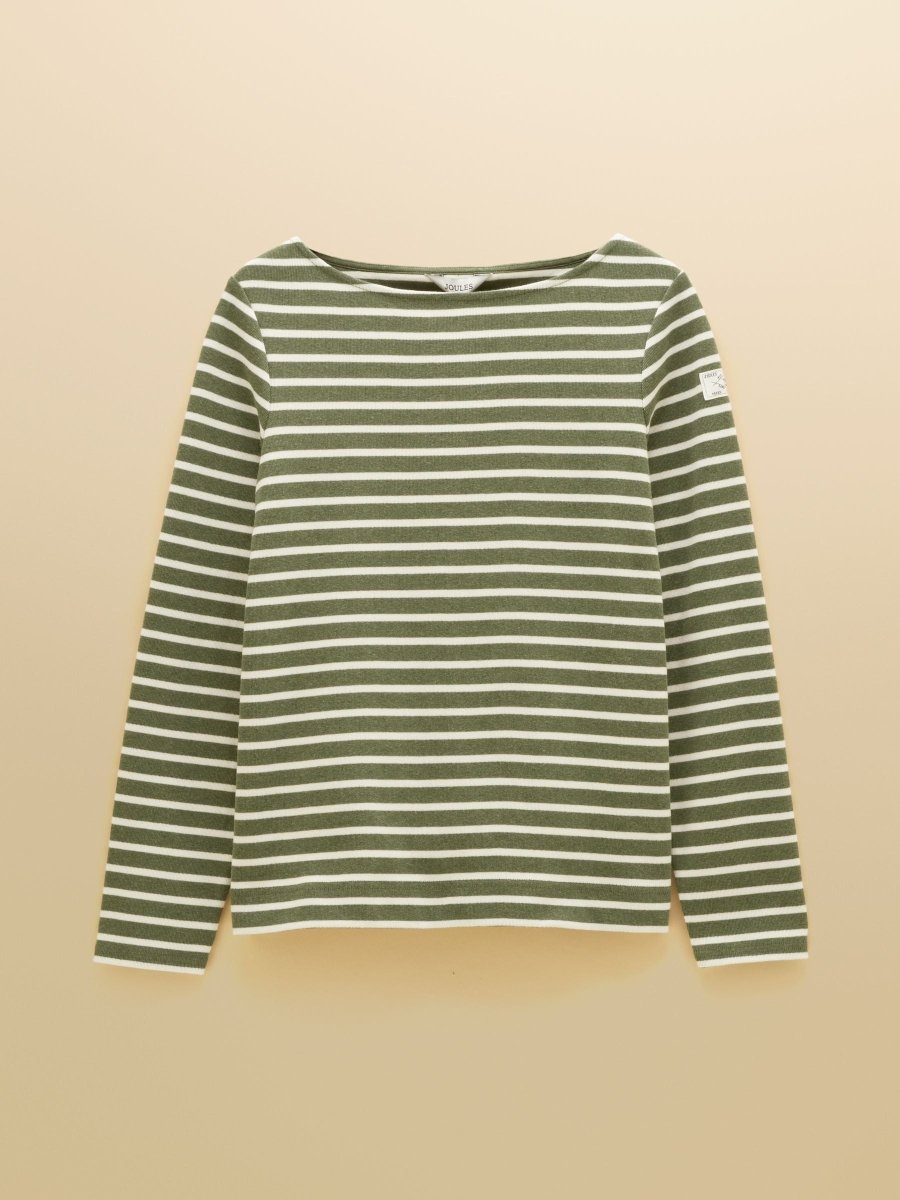 Harbour Khaki Marl & Cream Stripe Long Sleeve Striped Boat Neck Breton Top - RUTHERFORD & Co