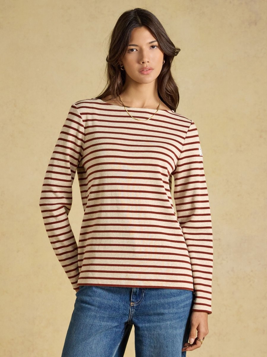 Harbour Oat Marl & Russet Long Sleeve Striped Boat Neck Breton Top - RUTHERFORD & Co