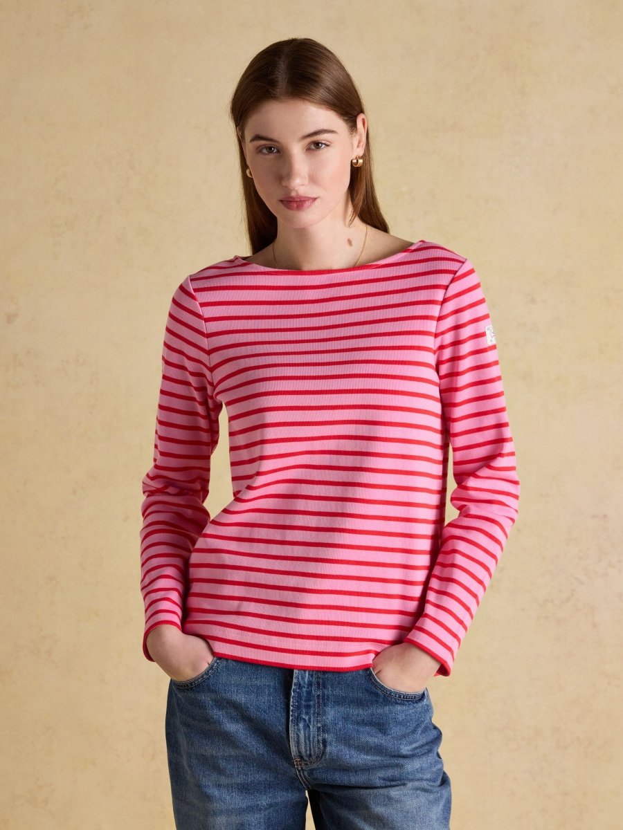 Harbour Pink & Red Striped Boat Neck Long Sleeve Breton Top - RUTHERFORD & Co