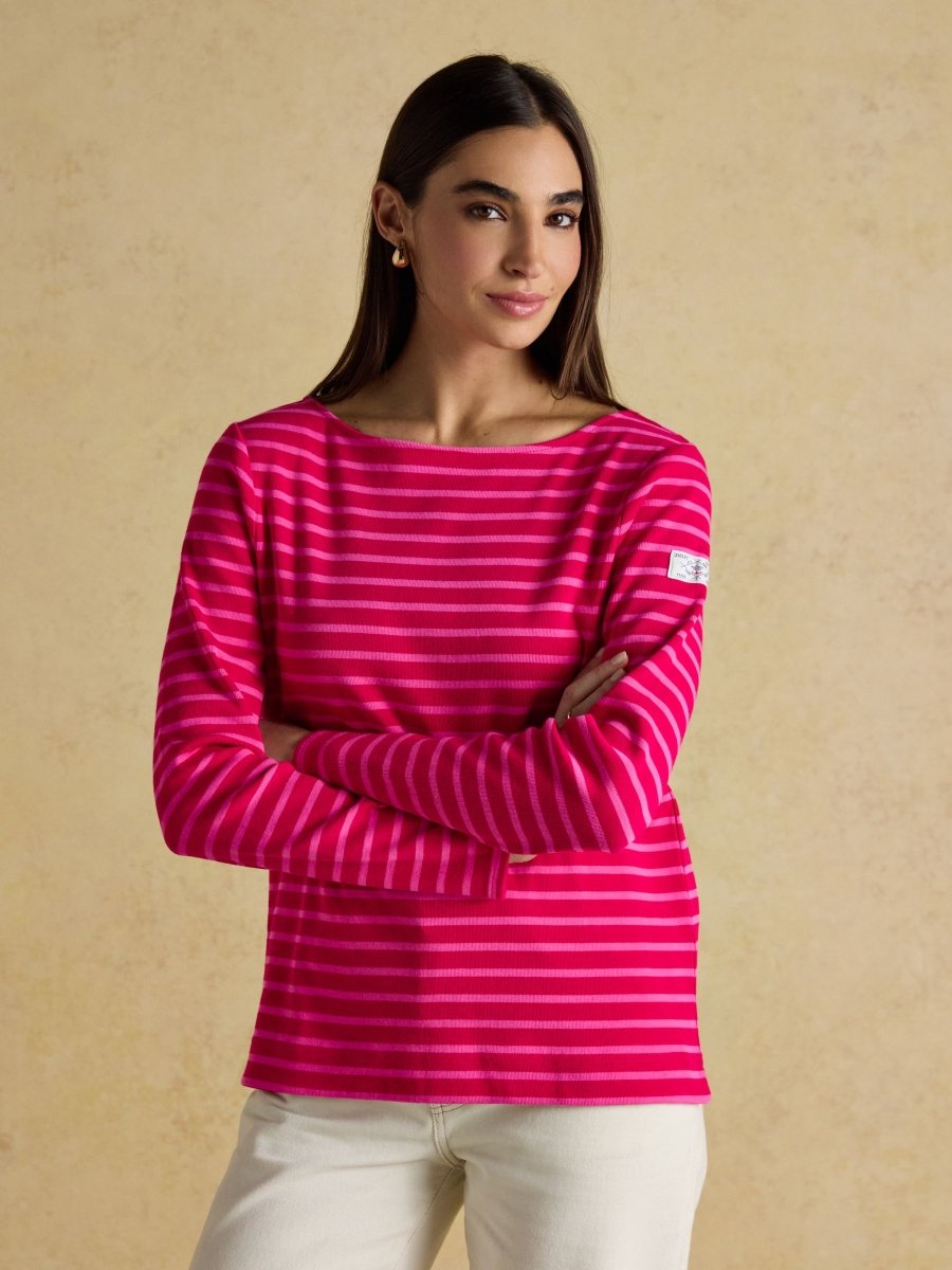 Harbour Red/Pink Boat Neck Long Sleeve Breton Stripe Top - RUTHERFORD & Co