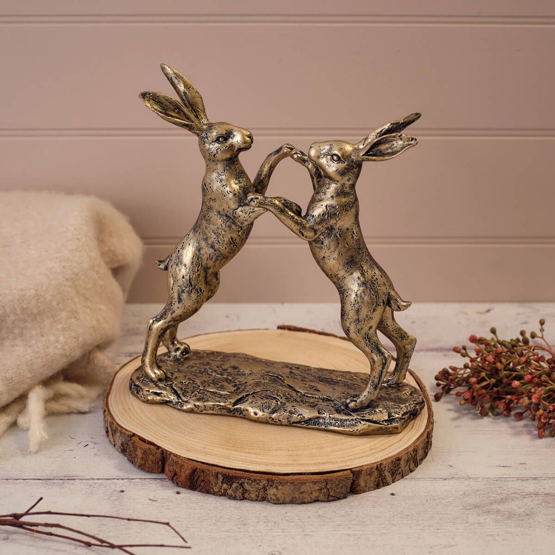 Hares Boxing Bronze Colour Resin Ornament - RUTHERFORD & Co