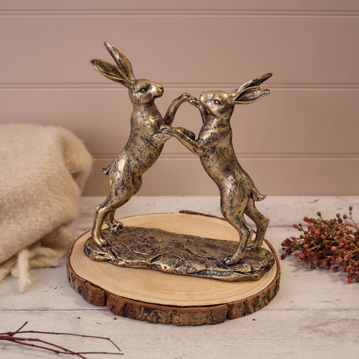 Hares Boxing Bronze Colour Resin Ornament - RUTHERFORD & Co