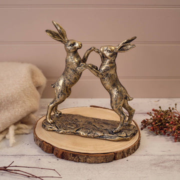 Hares Boxing Bronze Colour Resin Ornament - RUTHERFORD & Co