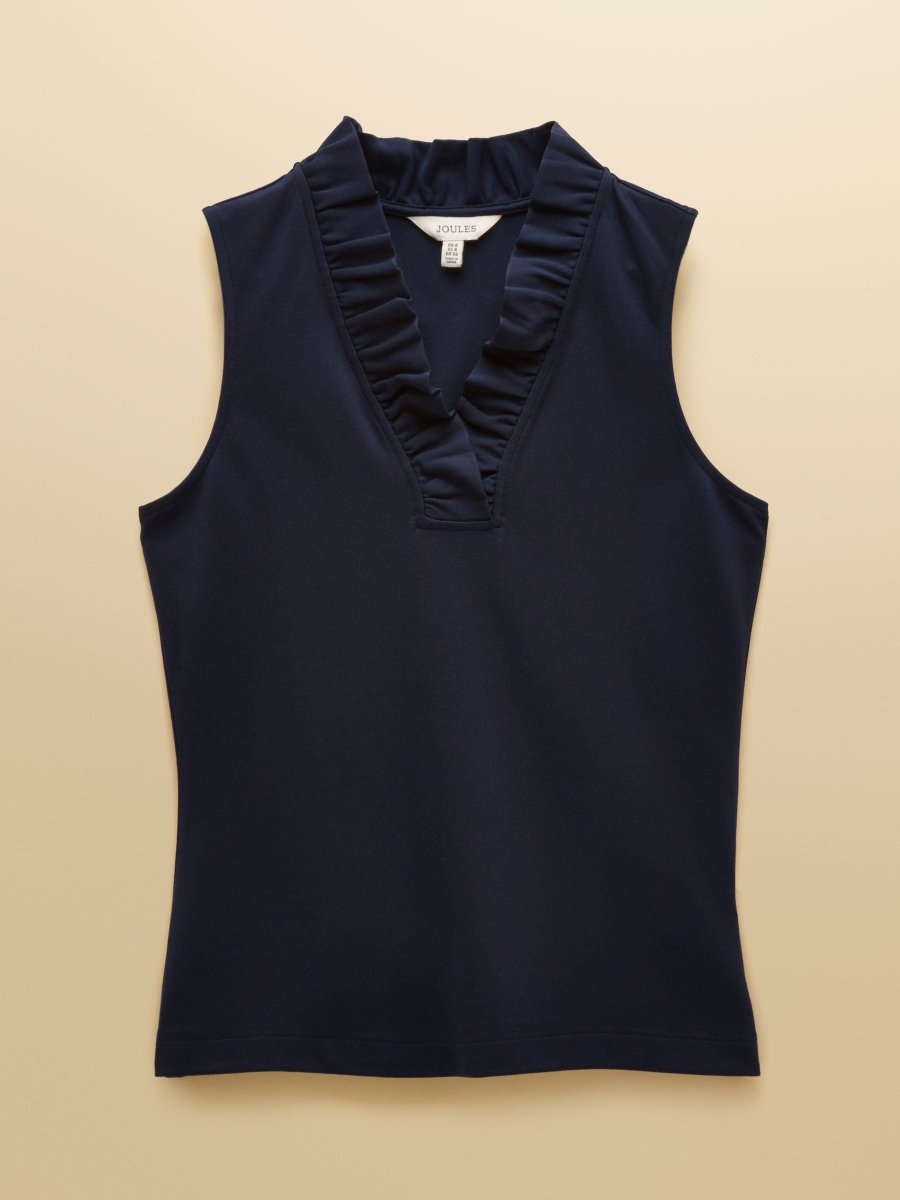 Heidi Navy Sleeveless Frill Neck Jersey Top - RUTHERFORD & Co