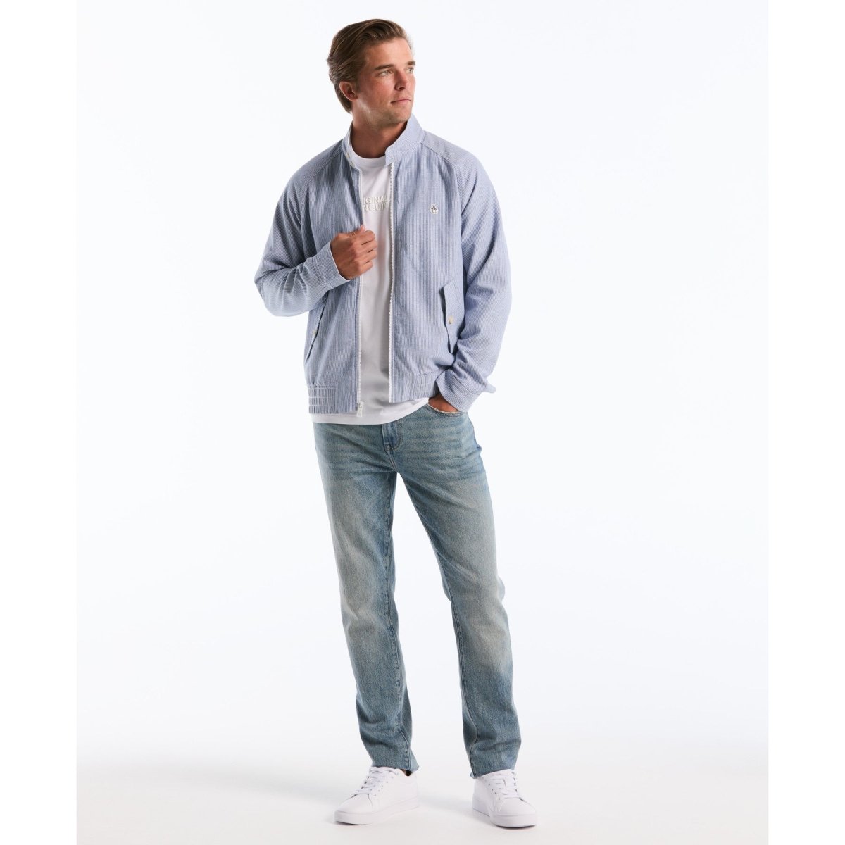 Herringbone Stripe Harrington Jacket In Sargasso Sea - RUTHERFORD & Co