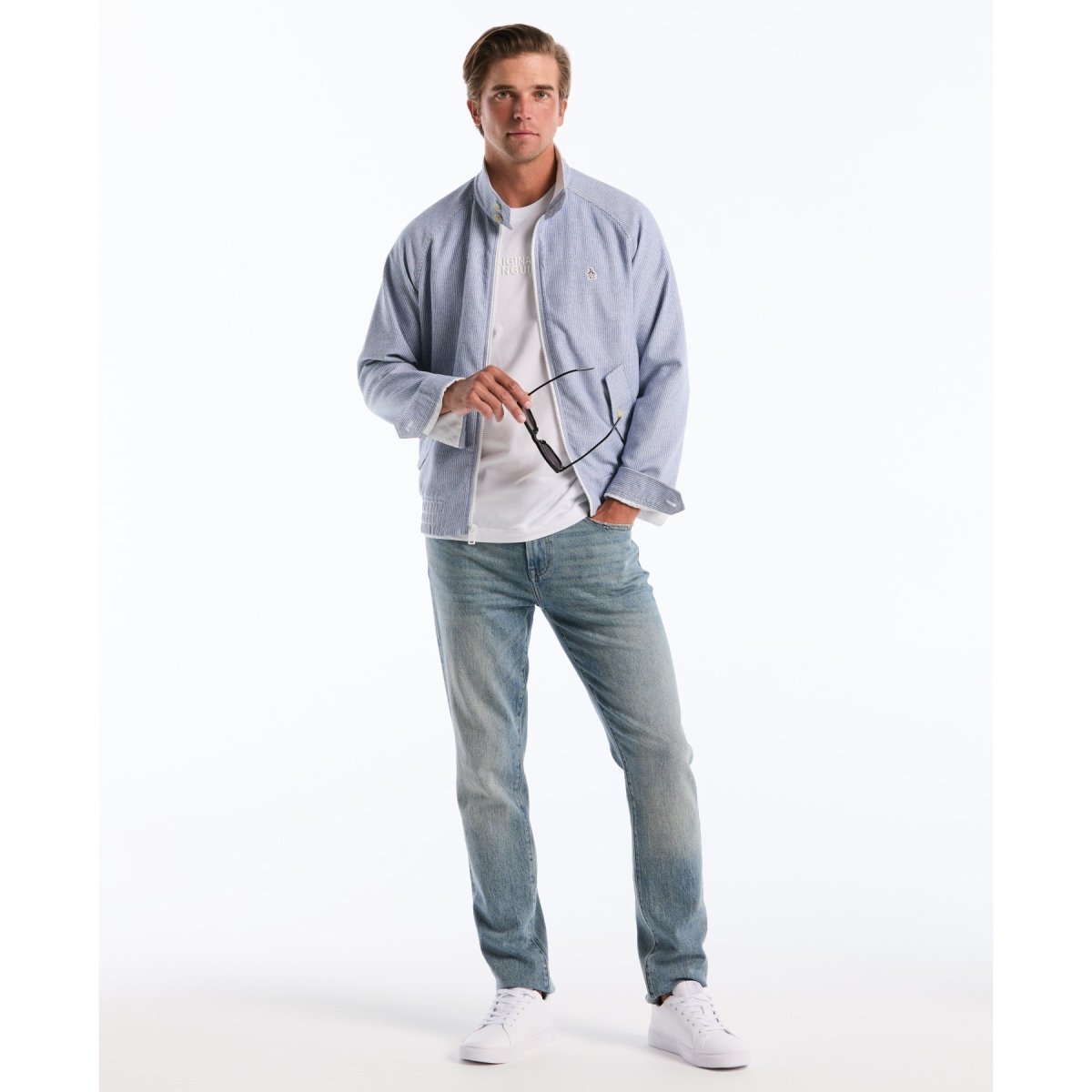 Herringbone Stripe Harrington Jacket In Sargasso Sea - RUTHERFORD & Co