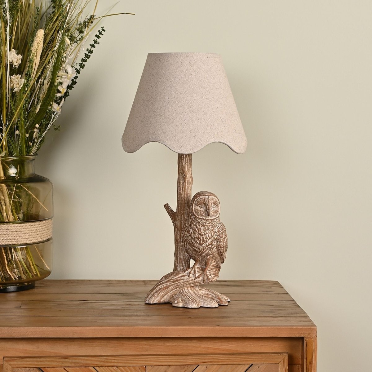 Hestia Wood Eff Resin Owl Table Lamp W Scalloped Shade - RUTHERFORD & Co