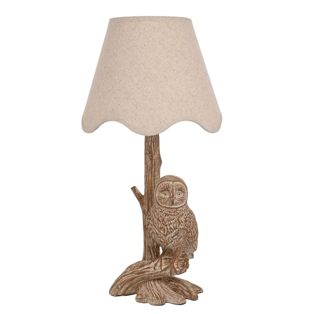 Hestia Wood Eff Resin Owl Table Lamp W Scalloped Shade - RUTHERFORD & Co