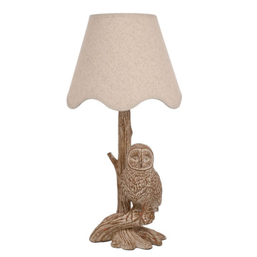 Hestia Wood Eff Resin Owl Table Lamp W Scalloped Shade - RUTHERFORD & Co