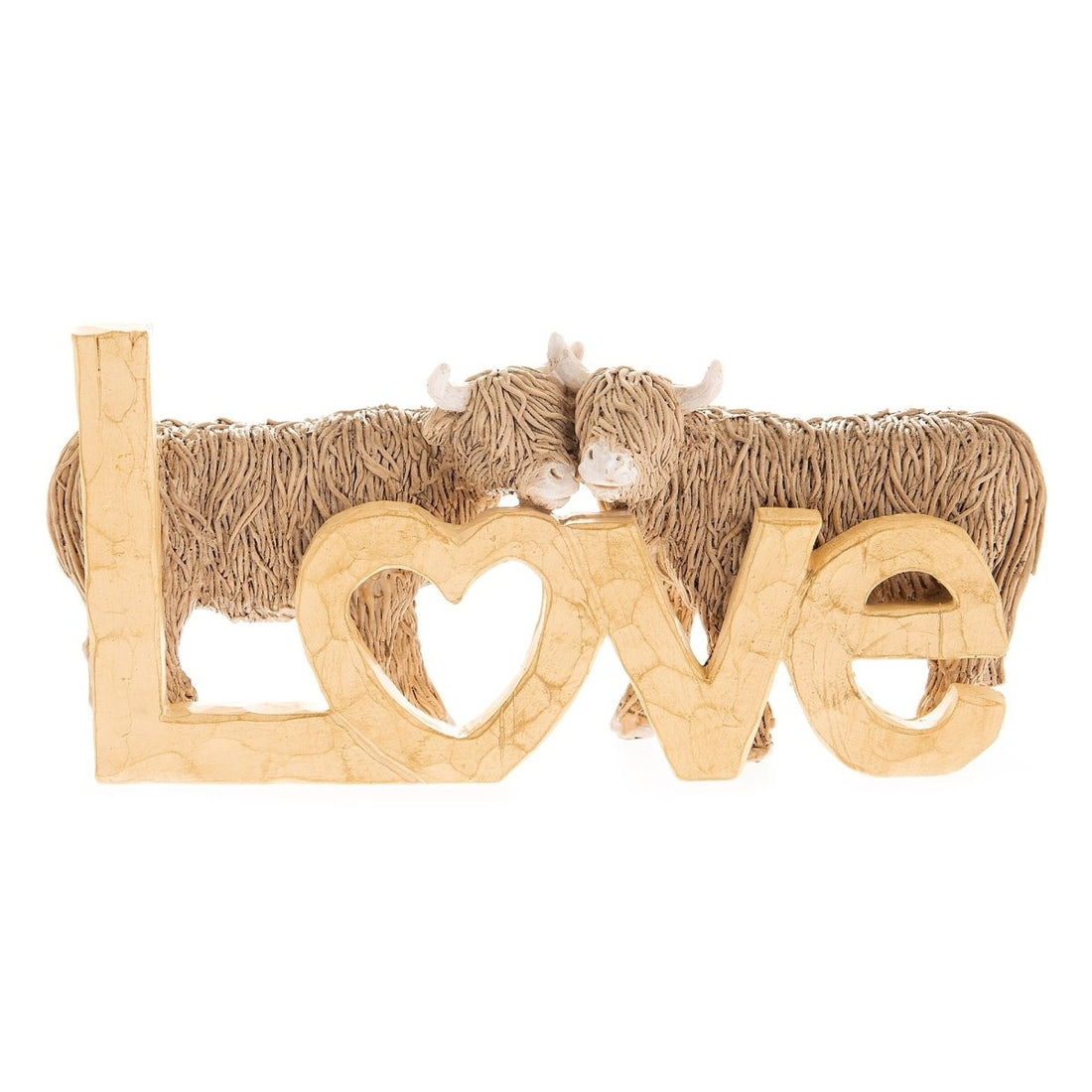 Hestia Wood Effect Resin Highland Cow Ornament - Love - RUTHERFORD & Co