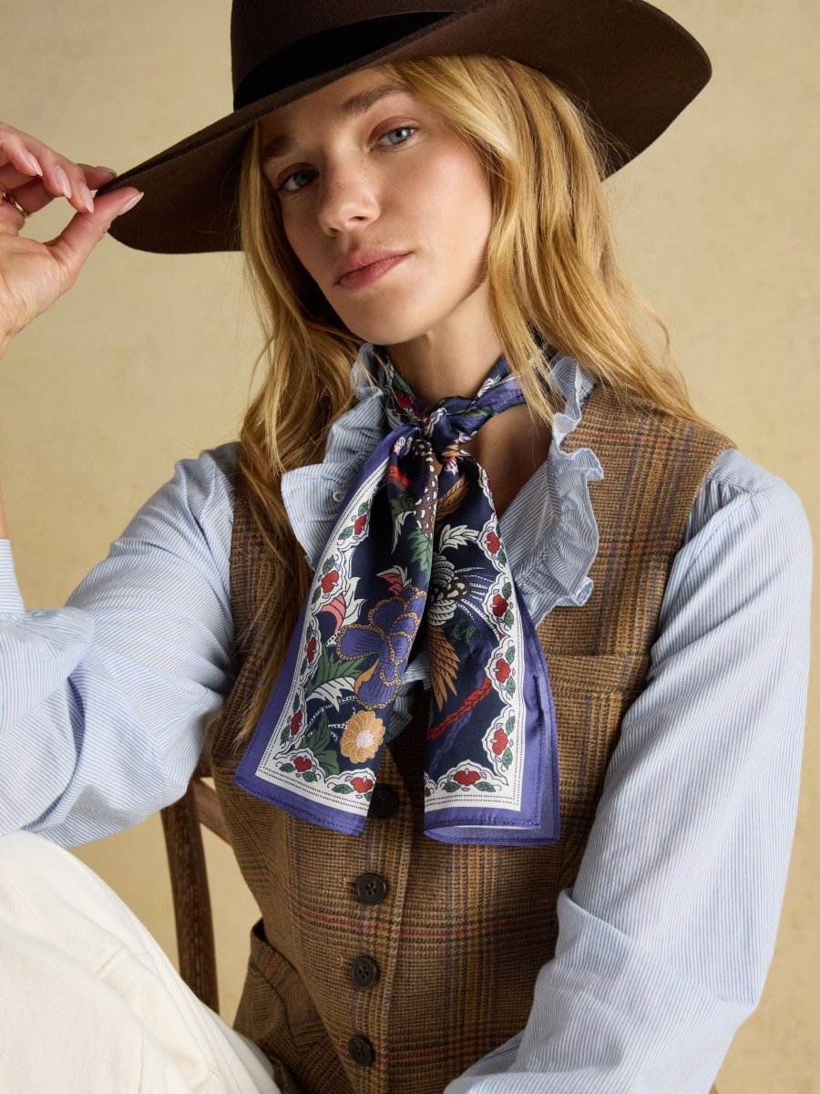 Highgrove Navy Silk Printed Skinny Scarf - RUTHERFORD & Co