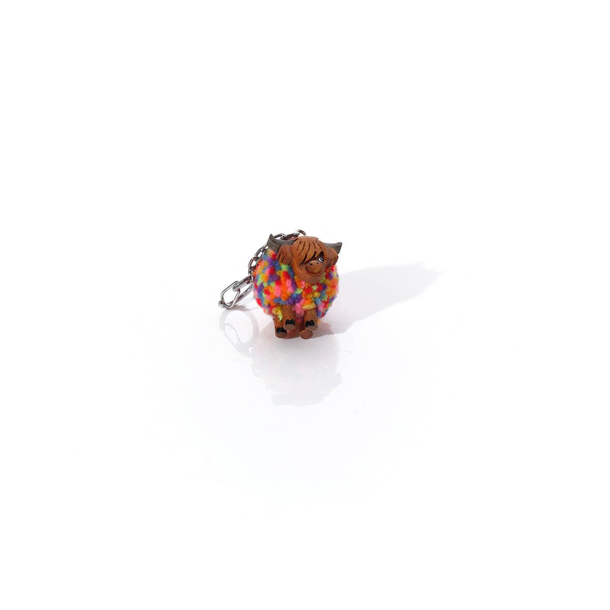 Highland Coo Rainbow Pom Pom Wooden Keyring - RUTHERFORD & Co