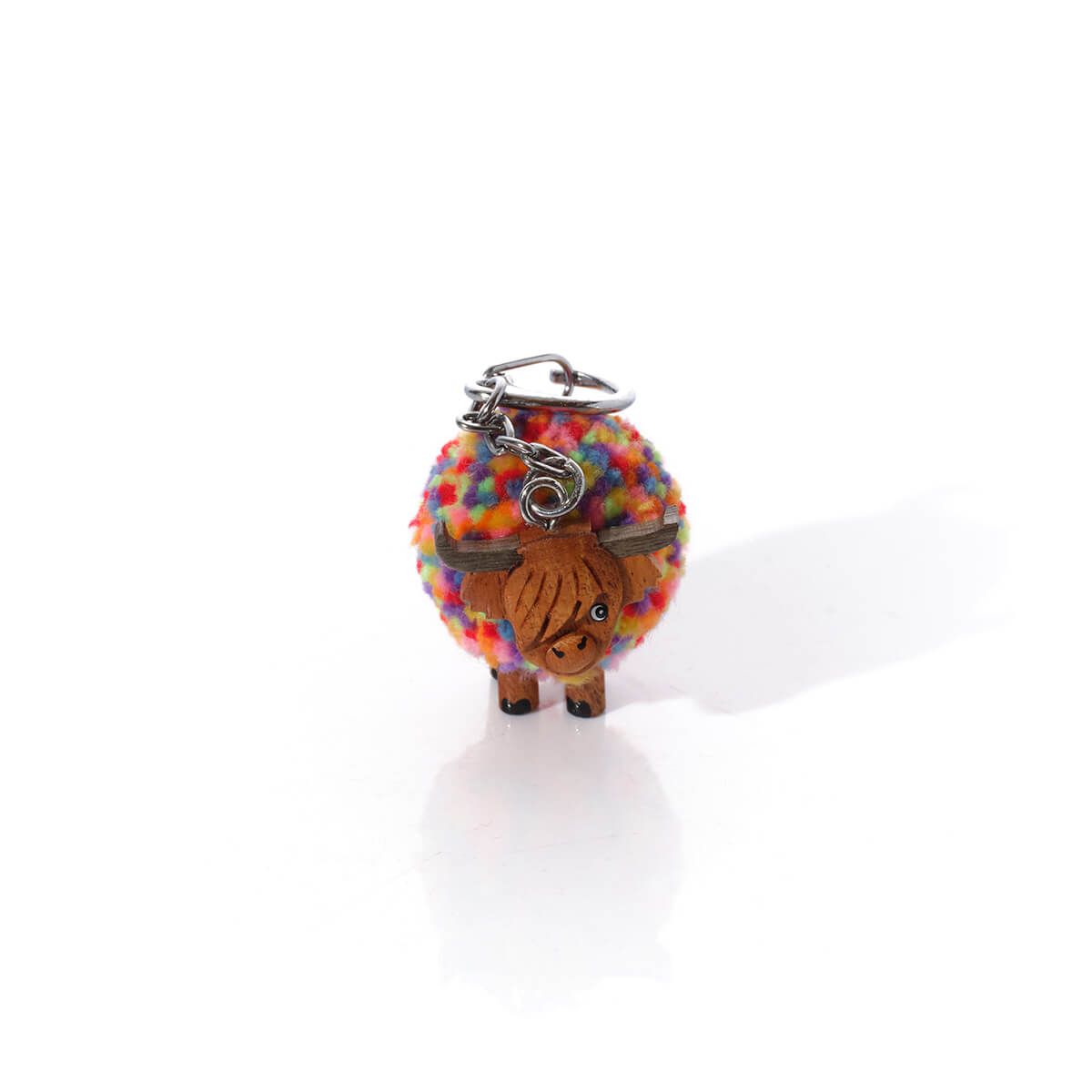 Highland Coo Rainbow Pom Pom Wooden Keyring - RUTHERFORD & Co
