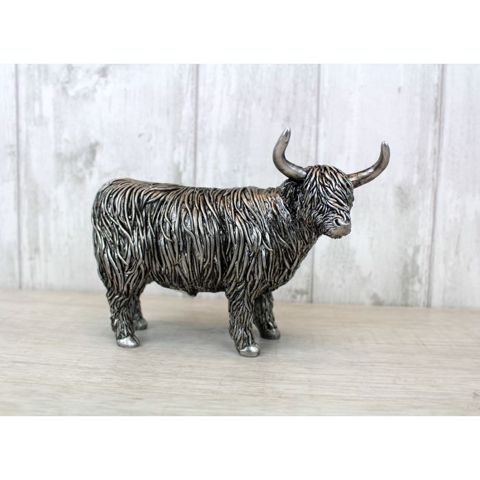 HIGHLAND COW ORNAMENT SILVER TEXTURED RESIN - RUTHERFORD & Co