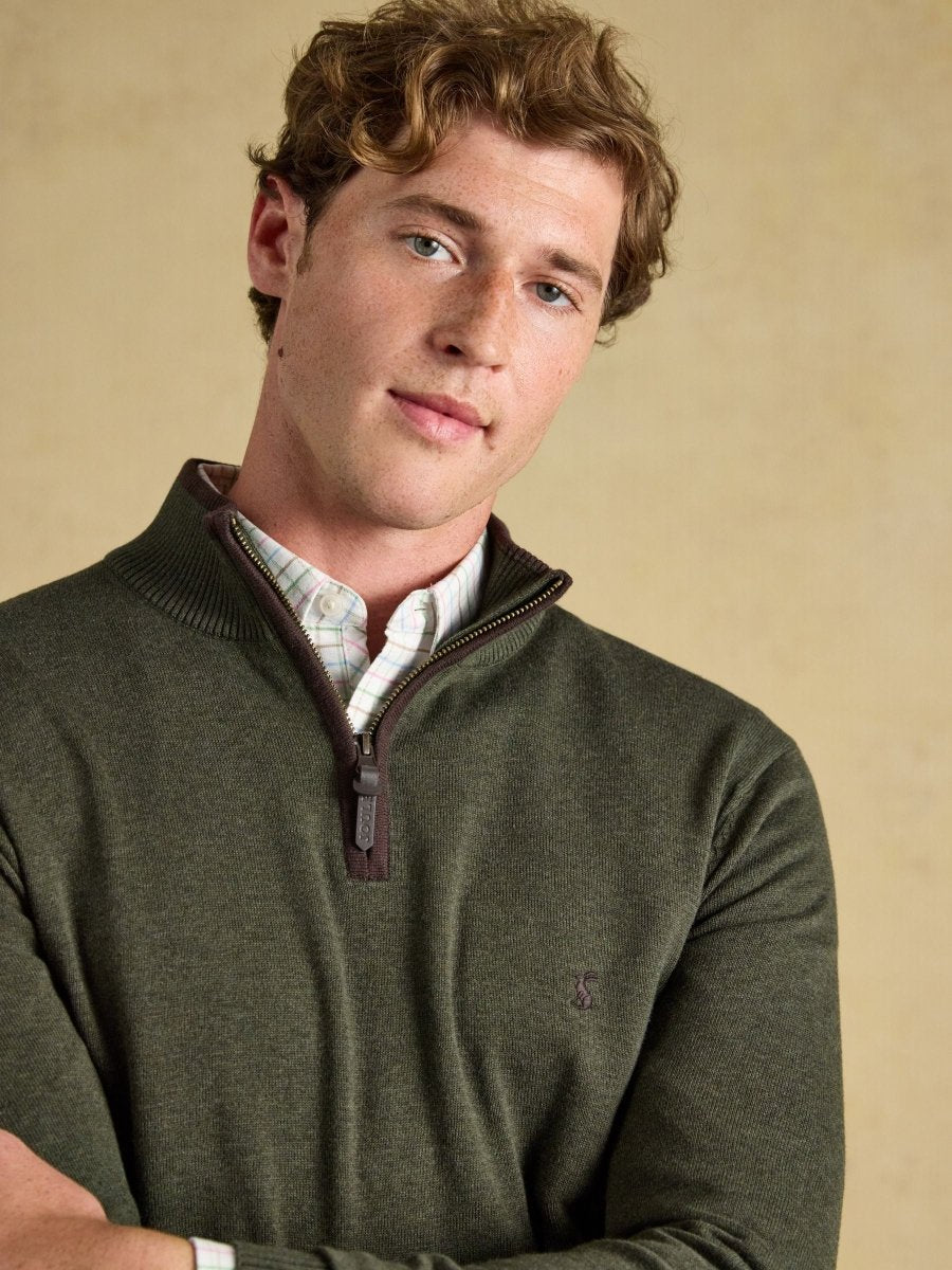 Hillside Khaki Green Quarter Zip Knitted Jumper - RUTHERFORD & Co