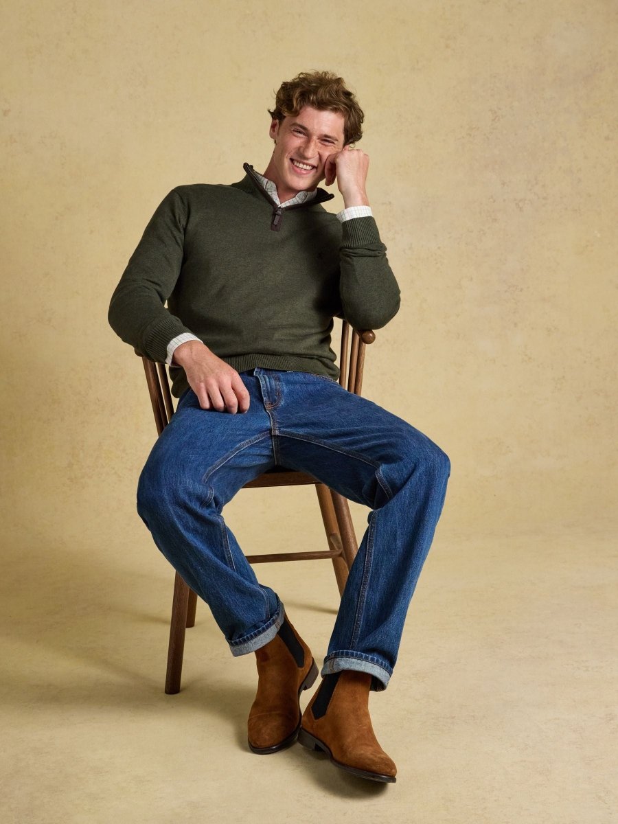 Hillside Khaki Green Quarter Zip Knitted Jumper - RUTHERFORD & Co