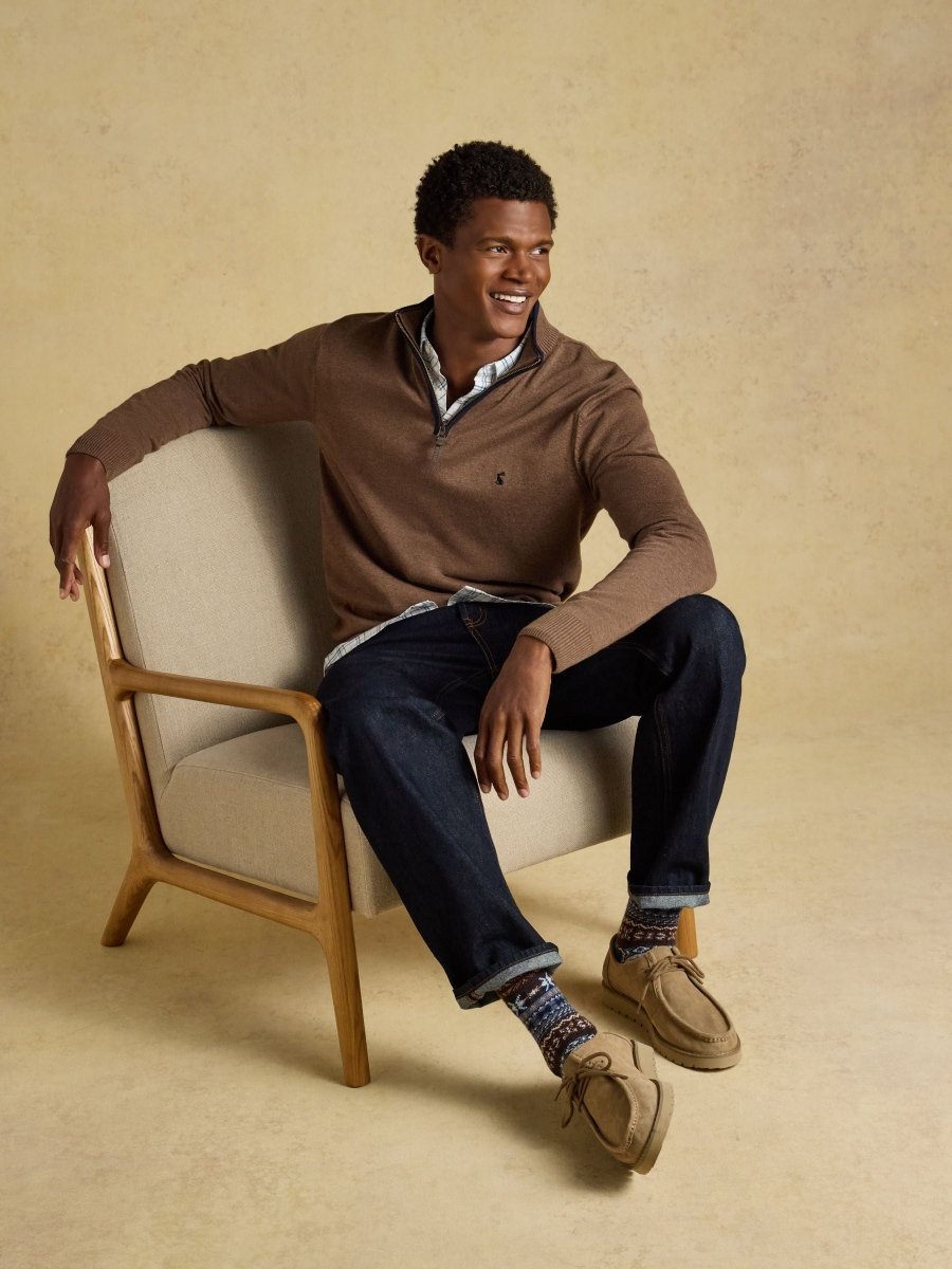 Hillside Quarter Zip Knitted Jumper - Brown - RUTHERFORD & Co