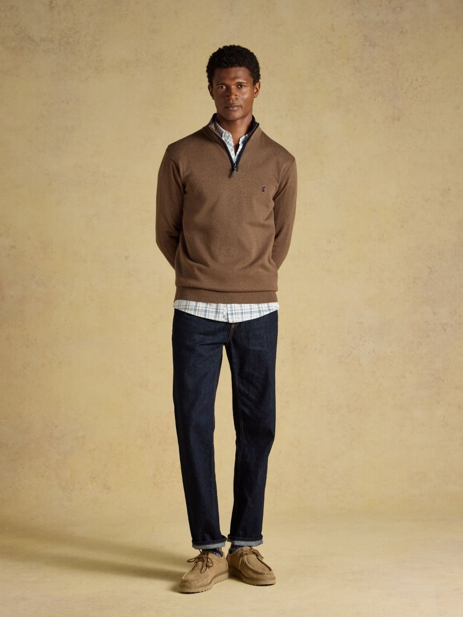 Hillside Quarter Zip Knitted Jumper - Brown - RUTHERFORD & Co