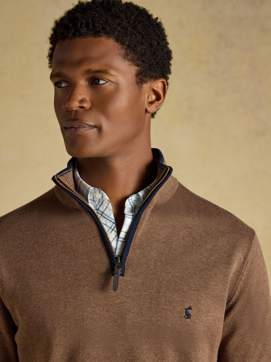 Hillside Quarter Zip Knitted Jumper - Brown - RUTHERFORD & Co