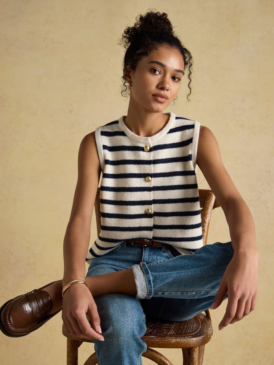 Holly Cream/Navy Button Through Knitted Vest - RUTHERFORD & Co