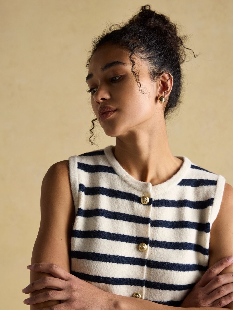Holly Cream/Navy Button Through Knitted Vest - RUTHERFORD & Co