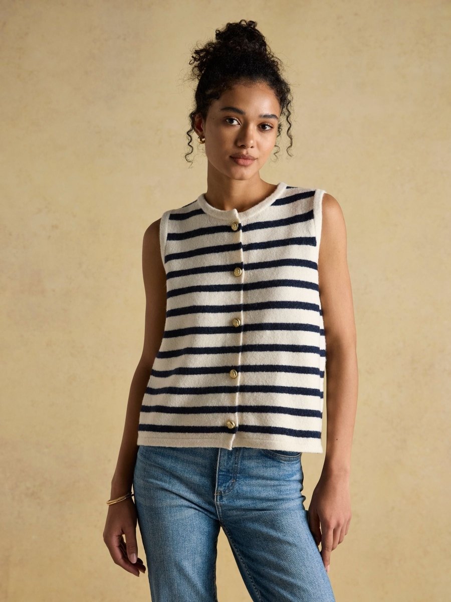 Holly Cream/Navy Button Through Knitted Vest - RUTHERFORD & Co