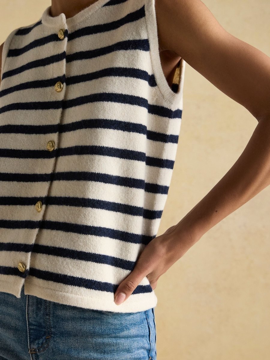 Holly Cream/Navy Button Through Knitted Vest - RUTHERFORD & Co