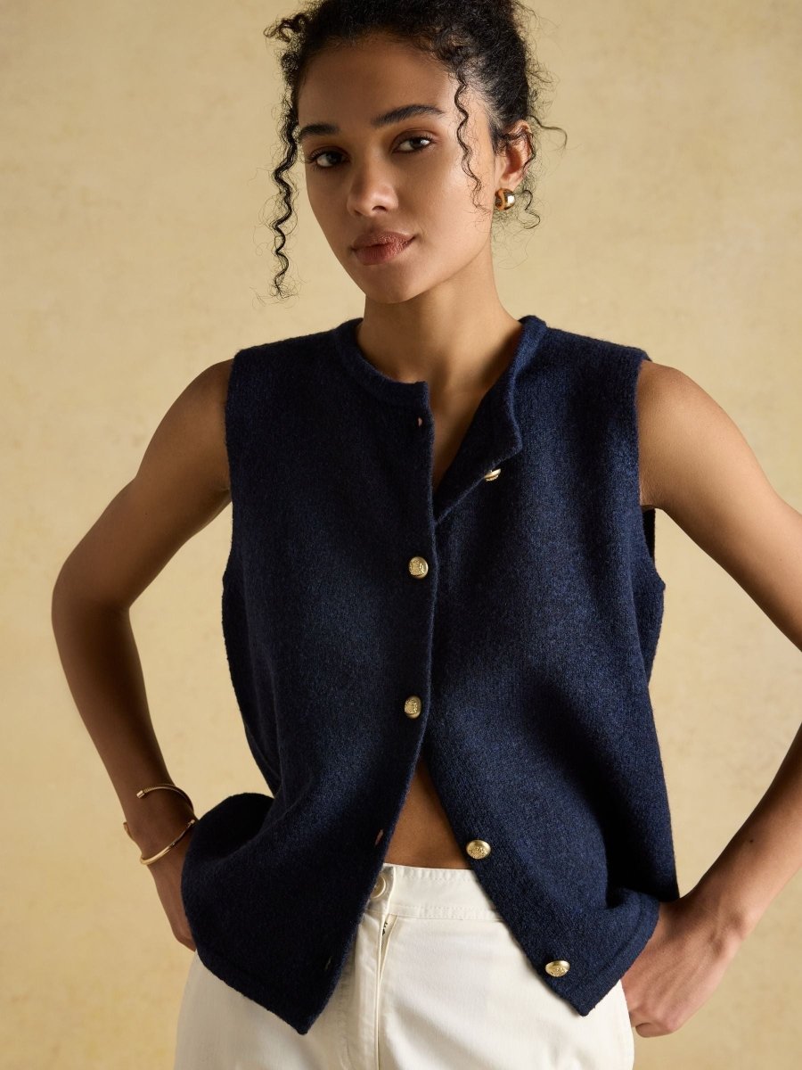 Holly Navy Button Through Knitted Vest - RUTHERFORD & Co
