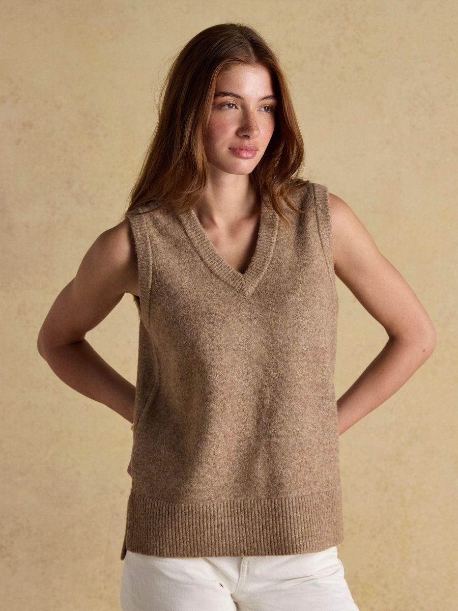 Holly Tan Brown V - Neck Long Knitted Vest - RUTHERFORD & Co