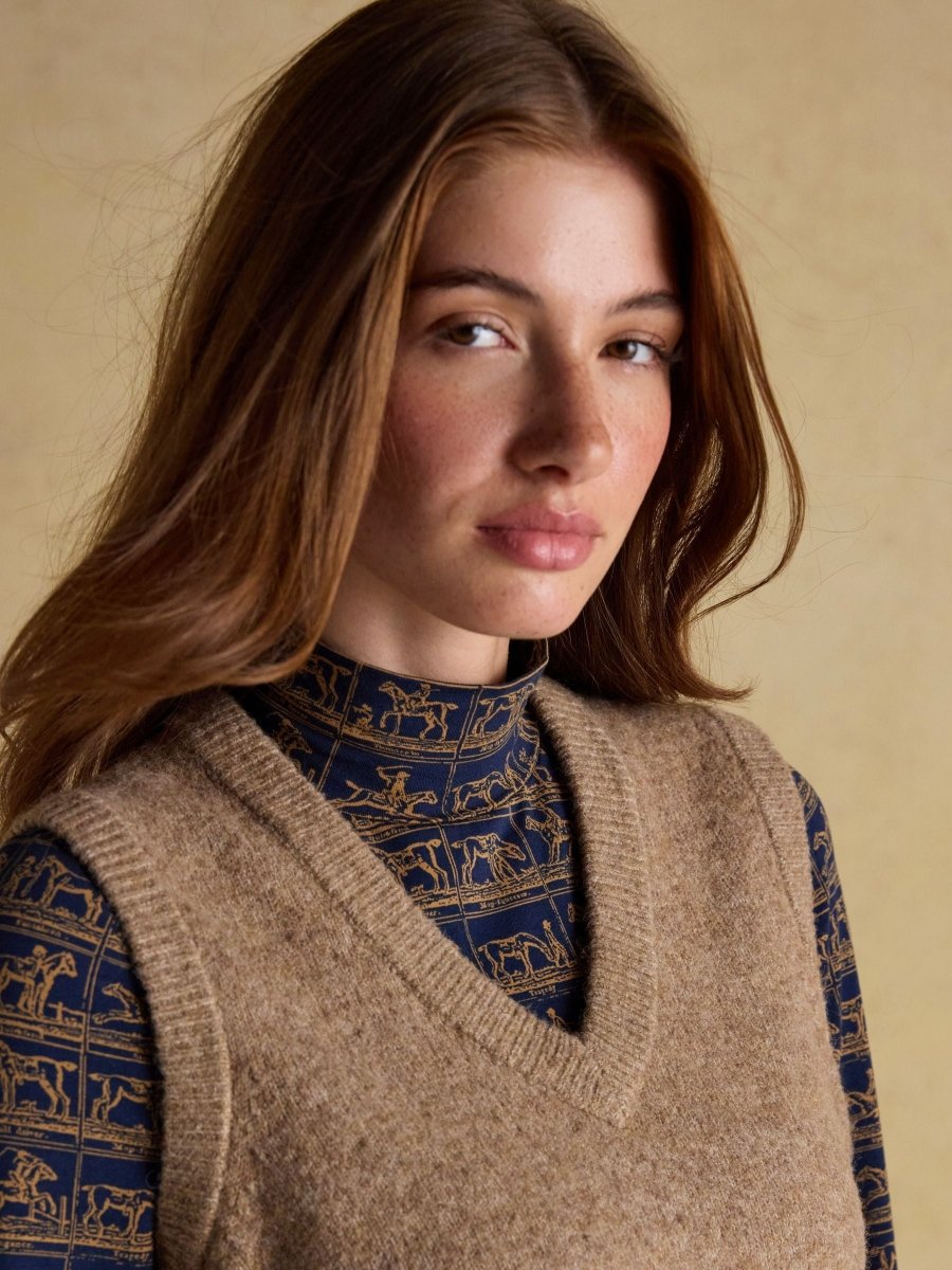 Holly Tan Brown V - Neck Long Knitted Vest - RUTHERFORD & Co
