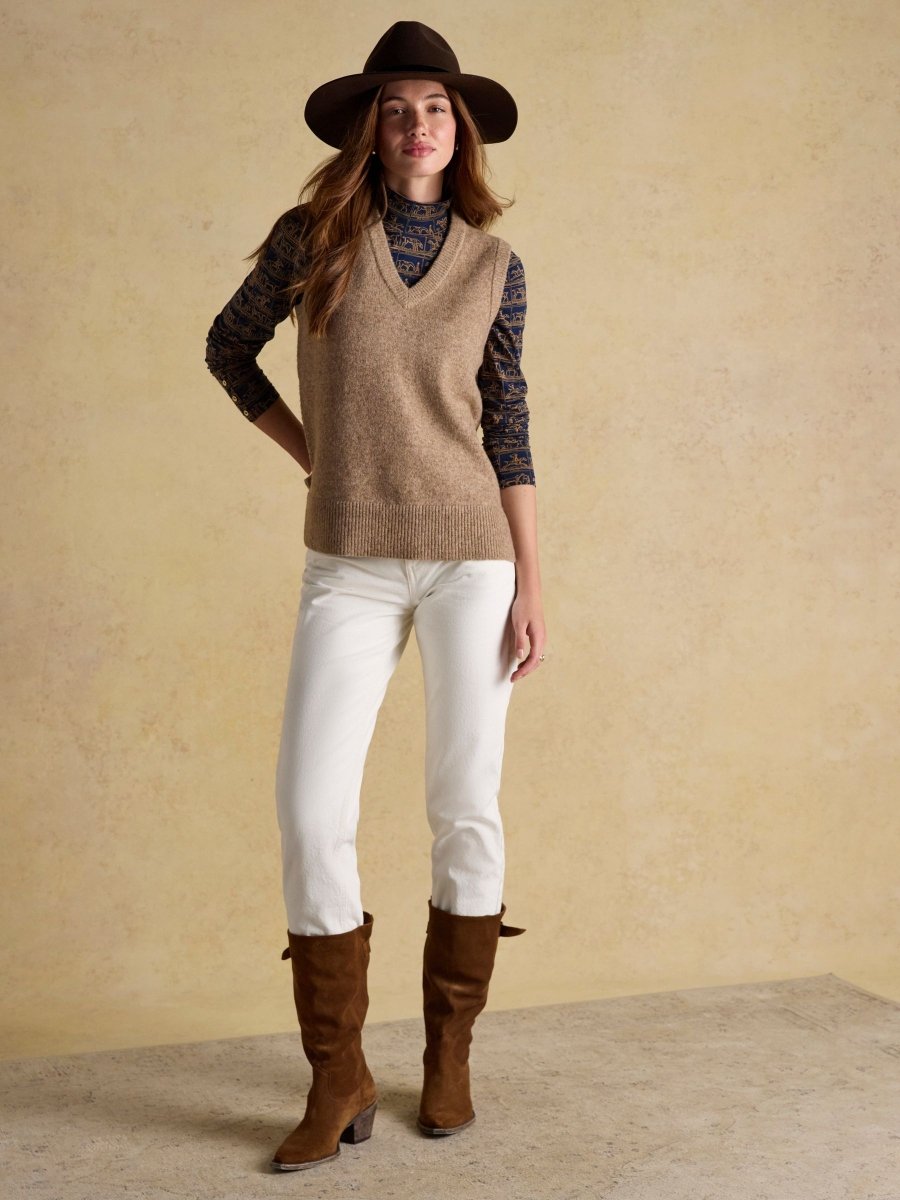 Holly Tan Brown V - Neck Long Knitted Vest - RUTHERFORD & Co