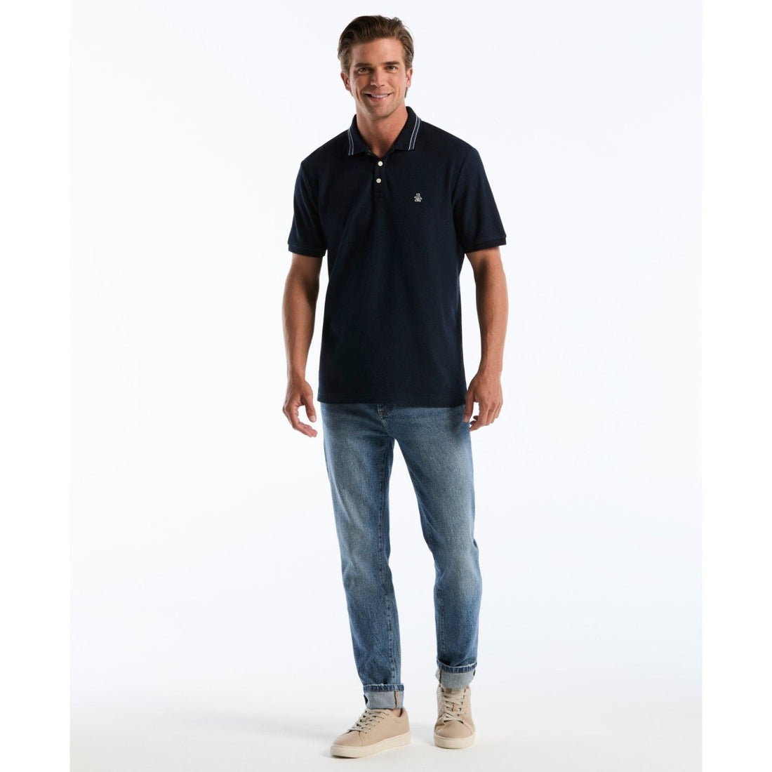 Honeycomb Jacquard Tipped Polo In Dark Sapphire - RUTHERFORD & Co