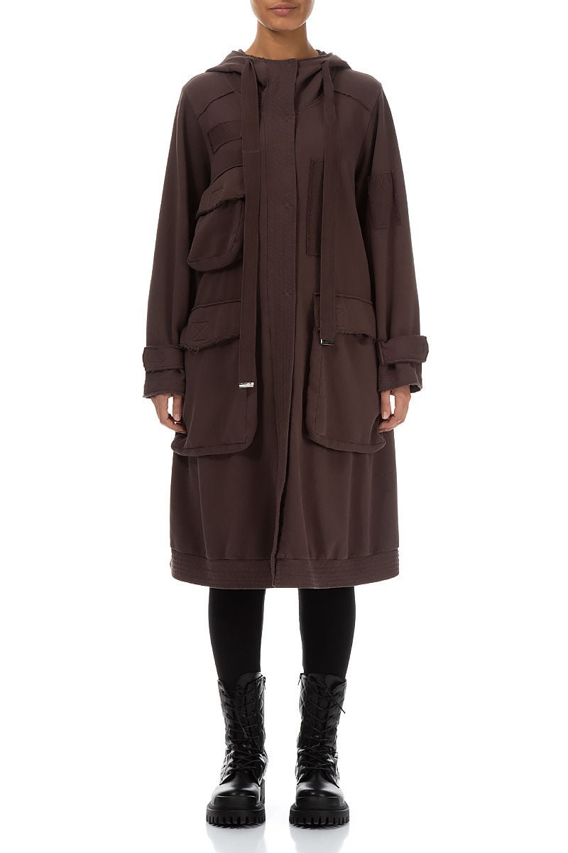 Hooded Three Pockets Pepper Brown Cotton Jacket - RUTHERFORD & Co