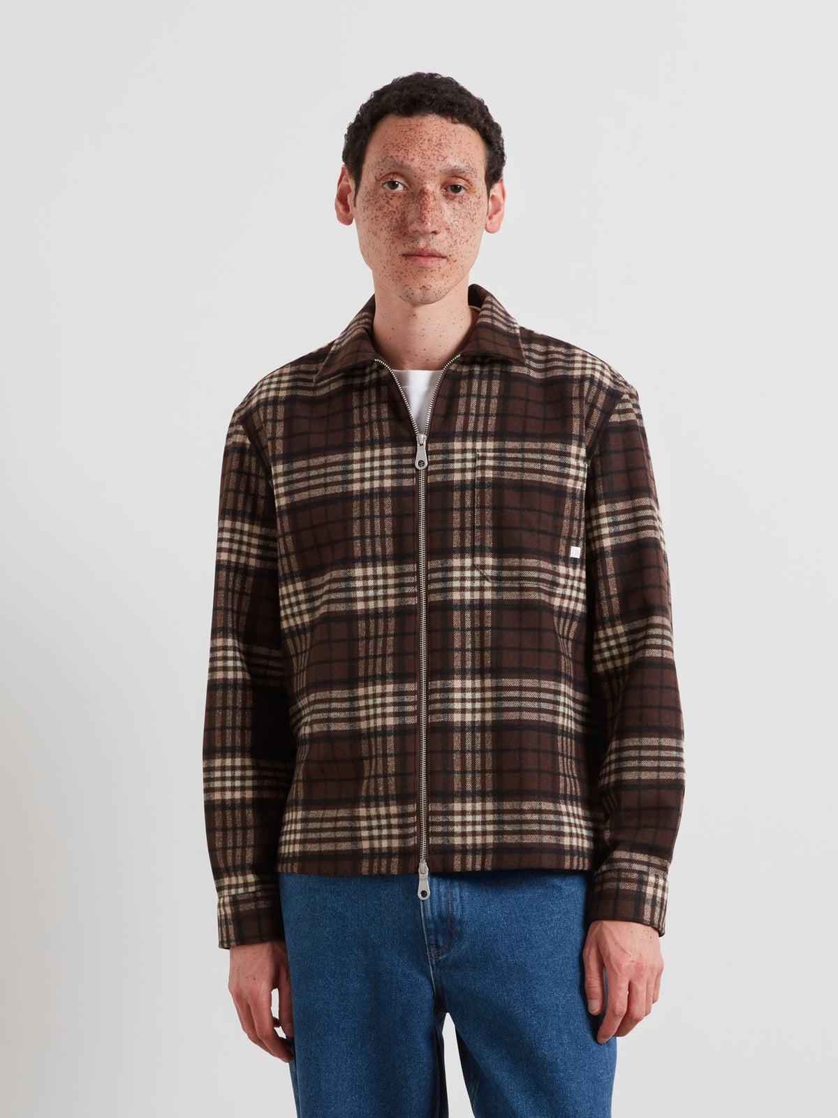 Asher Zipped Check Overshirt In Dark Brown