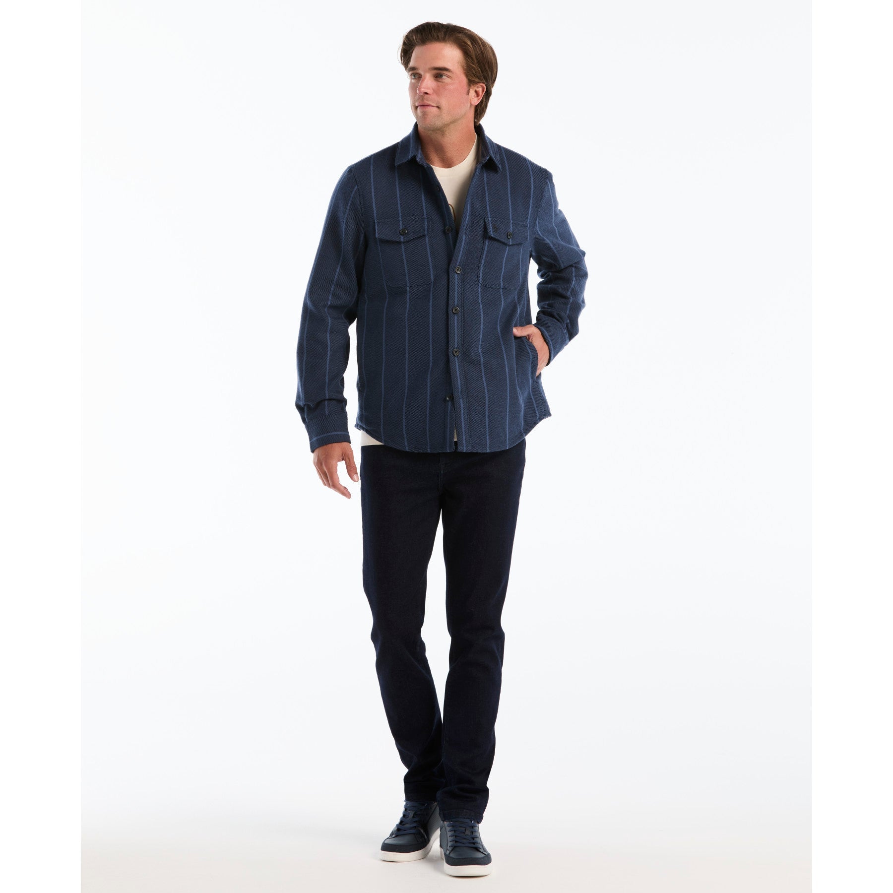 Striped Shirt Jacket In Dark Sapphire