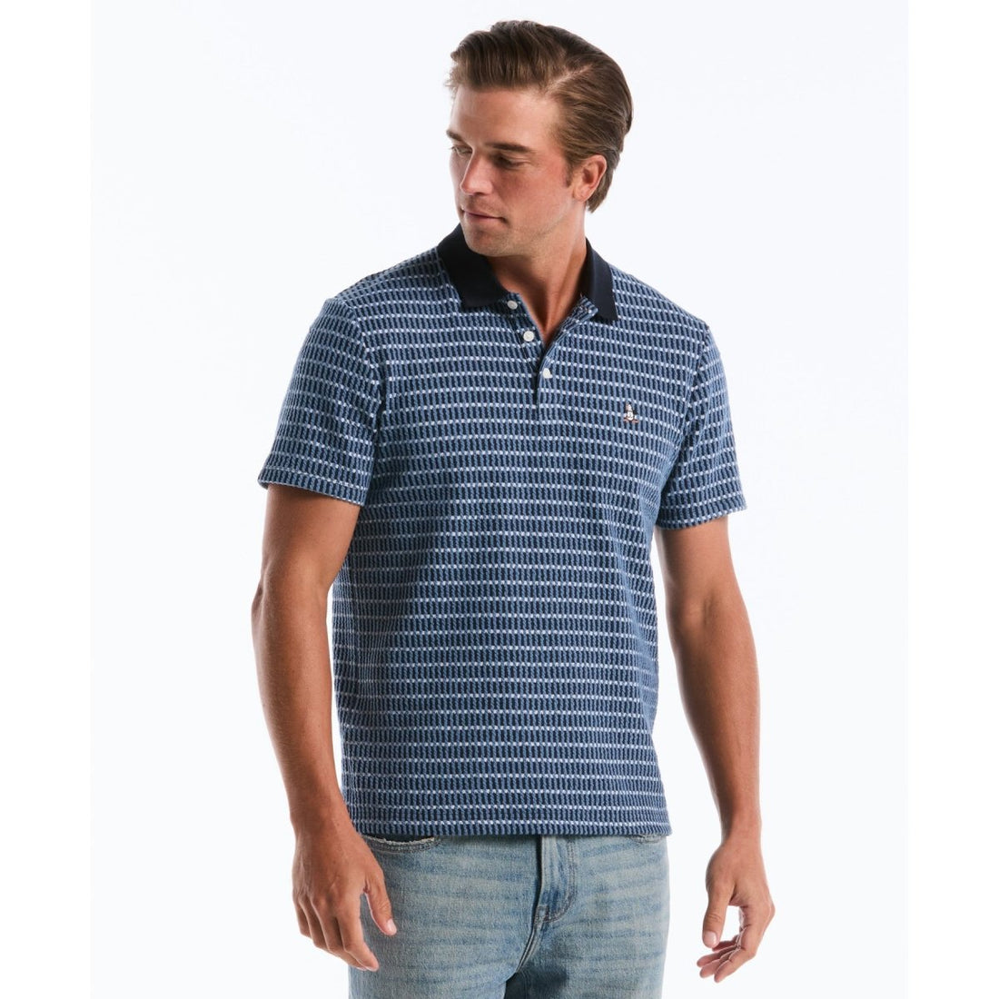 Icons Textured Plaid Polo Shirt In Dark Sapphire - RUTHERFORD & Co