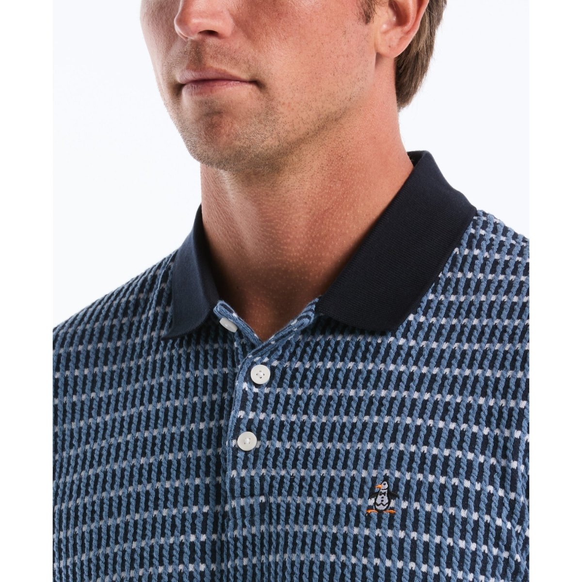 Icons Textured Plaid Polo Shirt In Dark Sapphire - RUTHERFORD & Co