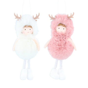 Faux Fur Pink/White Children with Antlers Polyester Decoration (14cm)