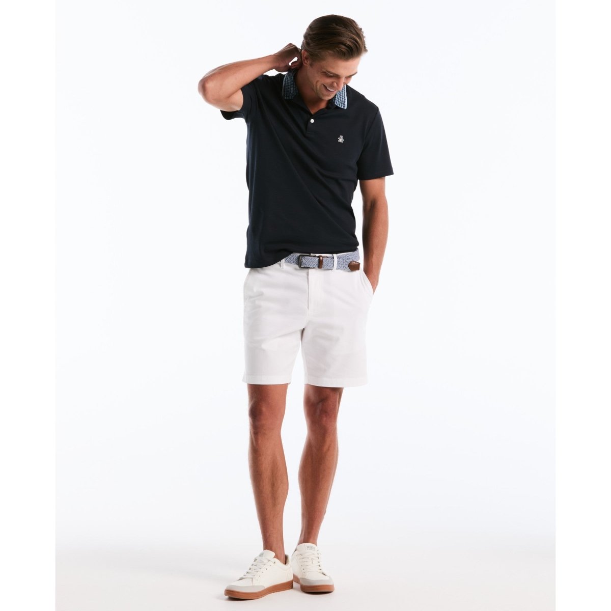 Interlock Striped Collar Polo Shirt In Dark Sapphire - RUTHERFORD & Co