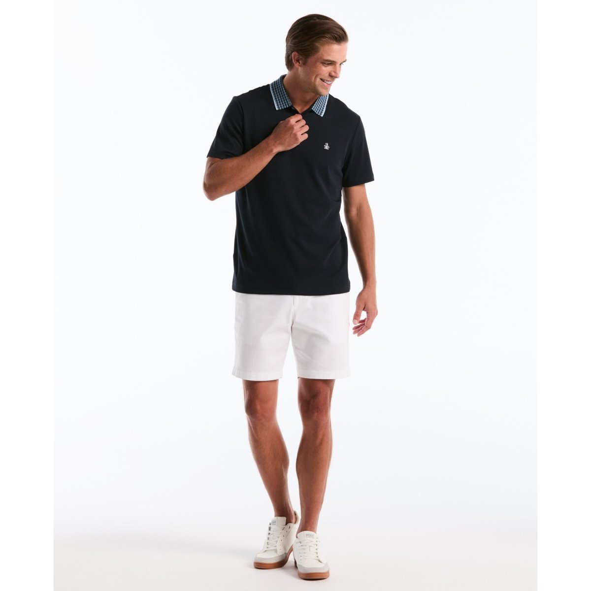 Interlock Striped Collar Polo Shirt In Dark Sapphire - RUTHERFORD & Co