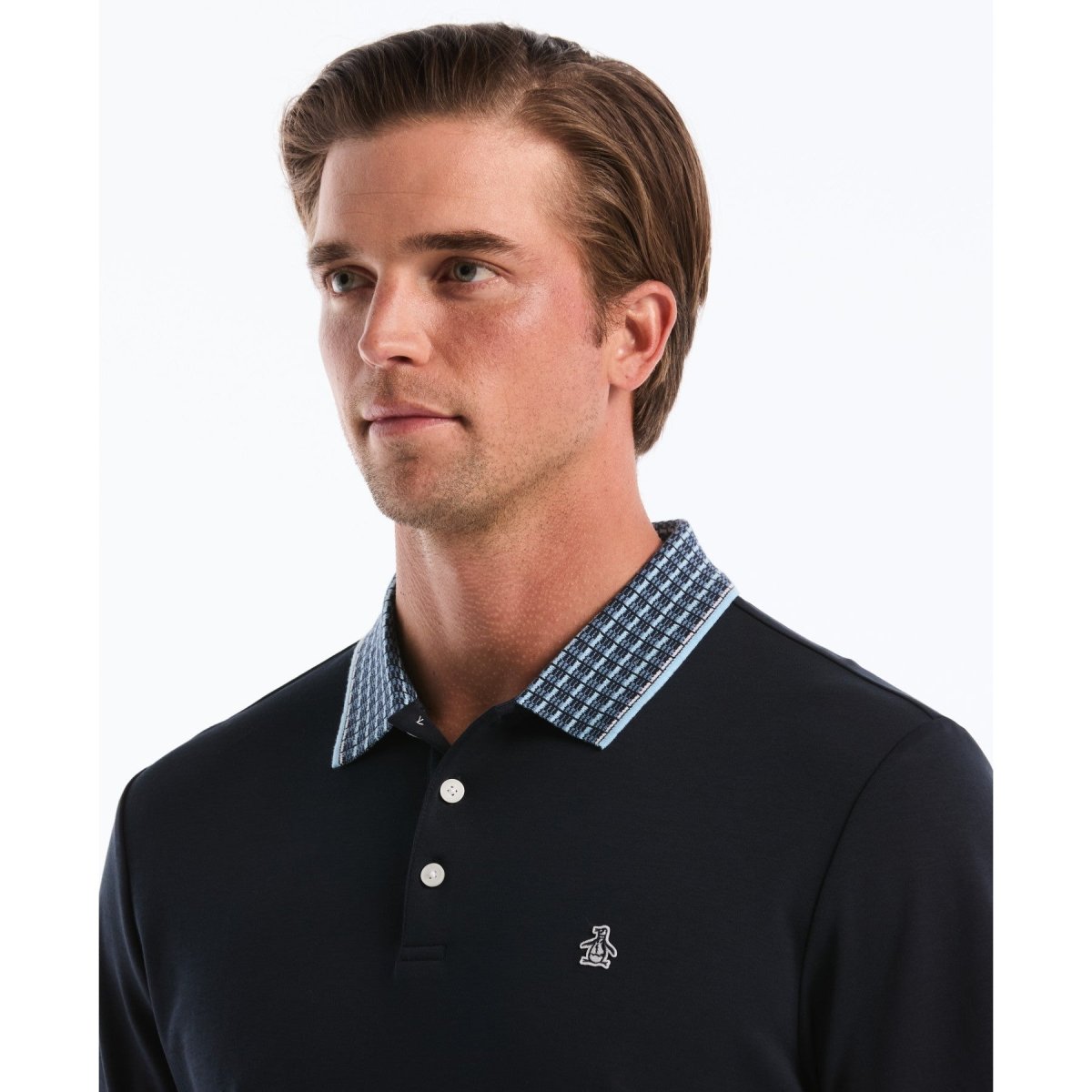 Interlock Striped Collar Polo Shirt In Dark Sapphire - RUTHERFORD & Co