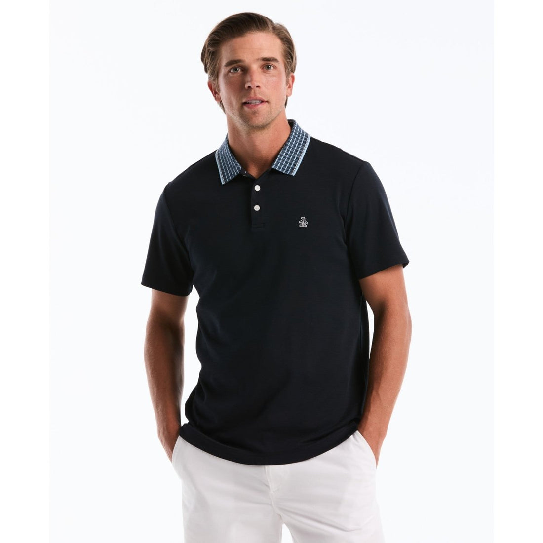 Interlock Striped Collar Polo Shirt In Dark Sapphire - RUTHERFORD & Co
