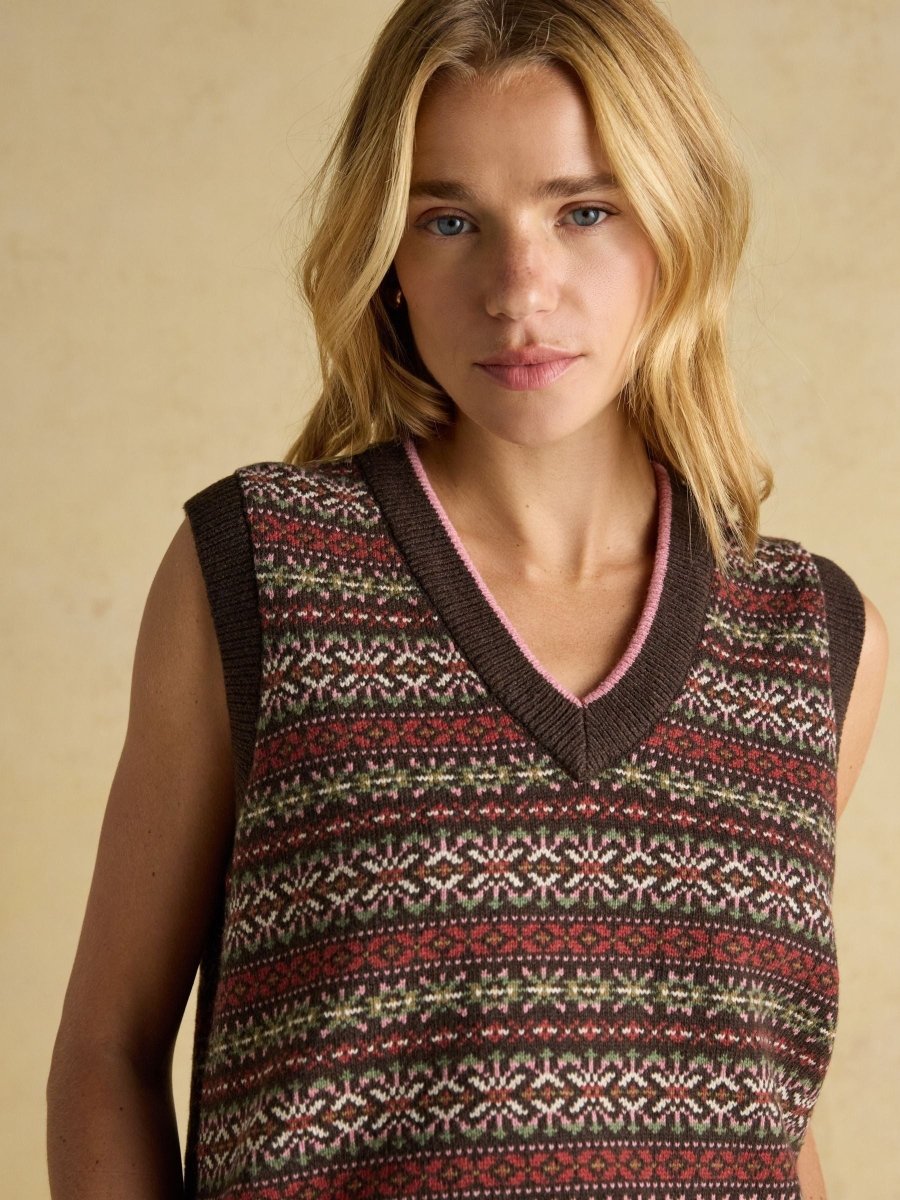 Islay Brown V Neck Fairisle Cotton Rich Vest - RUTHERFORD & Co
