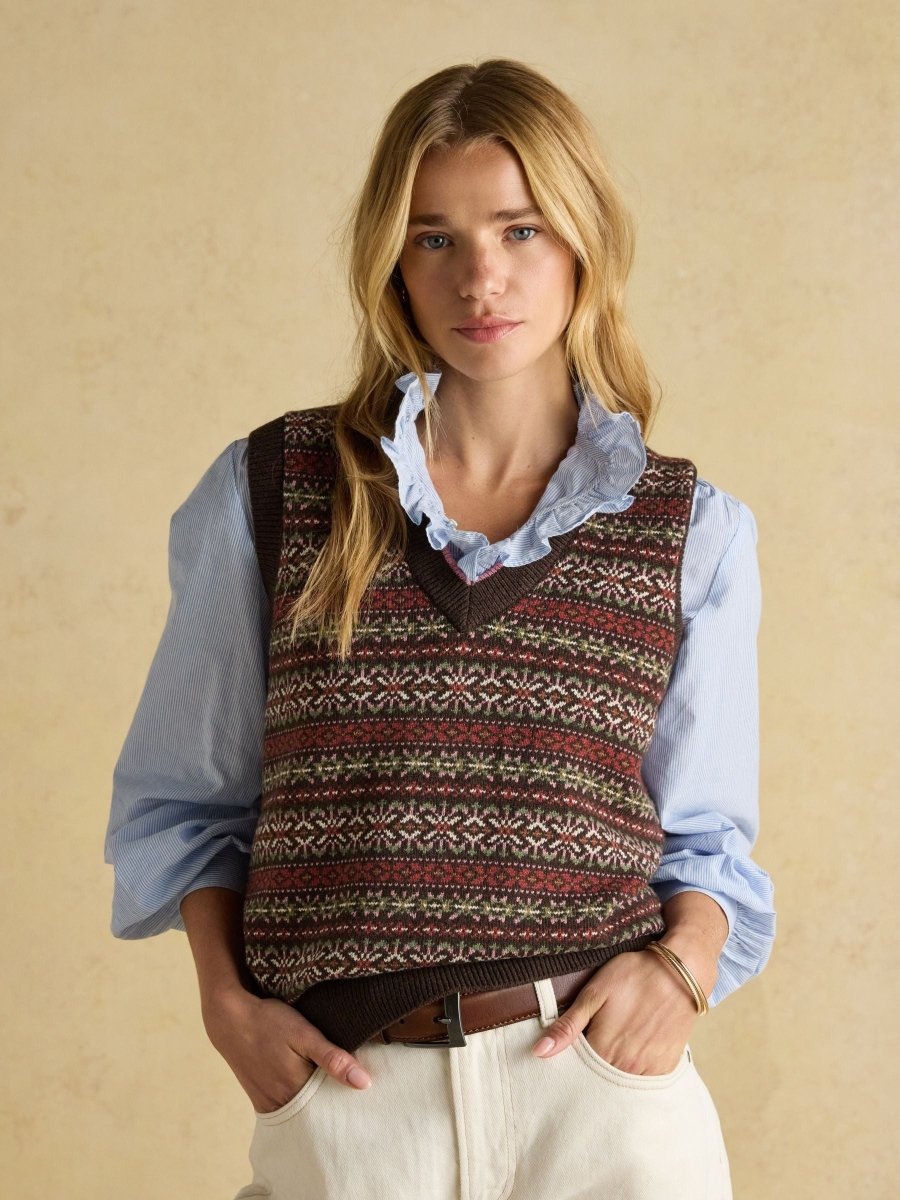 Islay Brown V Neck Fairisle Cotton Rich Vest - RUTHERFORD & Co
