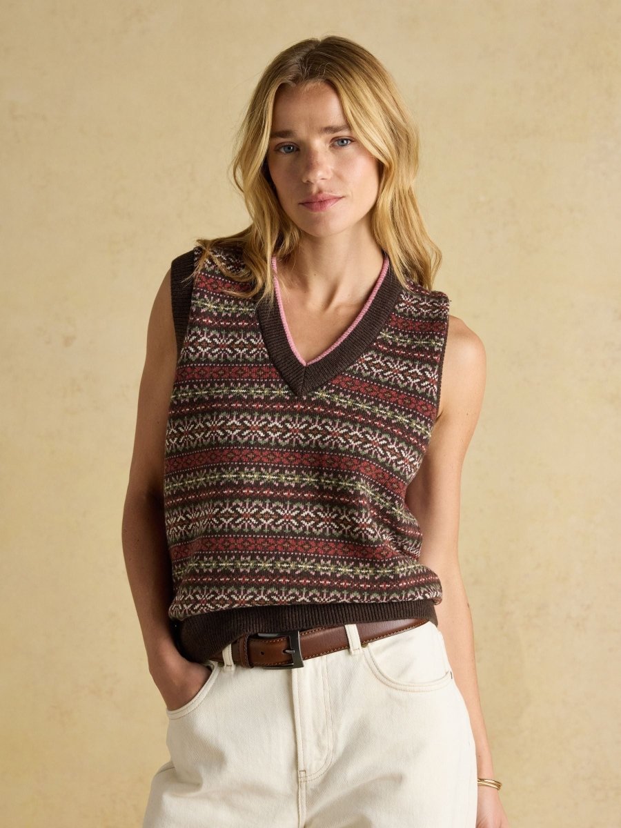 Islay Brown V Neck Fairisle Cotton Rich Vest - RUTHERFORD & Co