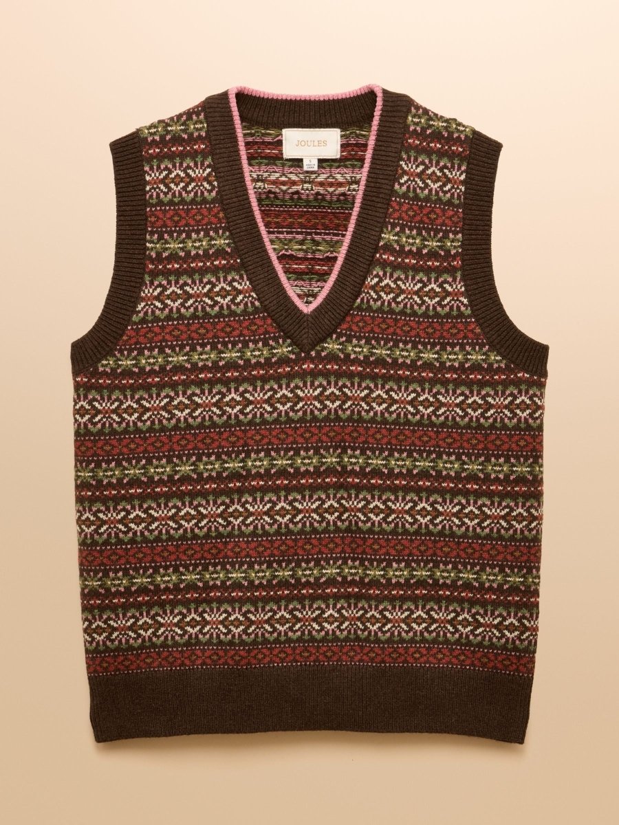 Islay Brown V Neck Fairisle Cotton Rich Vest - RUTHERFORD & Co